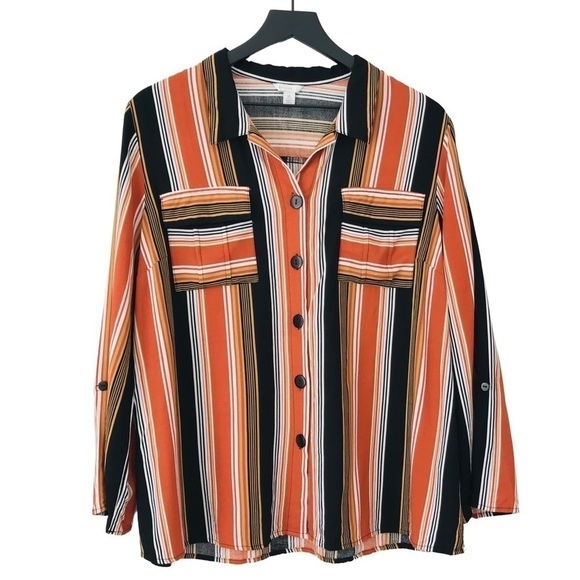 Cato 1946 Striped Southwestern Button Down Shirt Rolled Sleeves Top - Picture 1 of 12